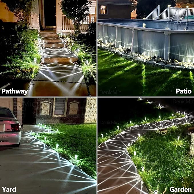 DenicMic Solar Pathway Lights Outdoor Waterproof Cold White LED 15 Pack | Yard Garden Driveway Walkway Landscape Path Lights, Starburst Pattern, Acrylic Diamond-like Lampshade Stainless Steel Pole - Image 5