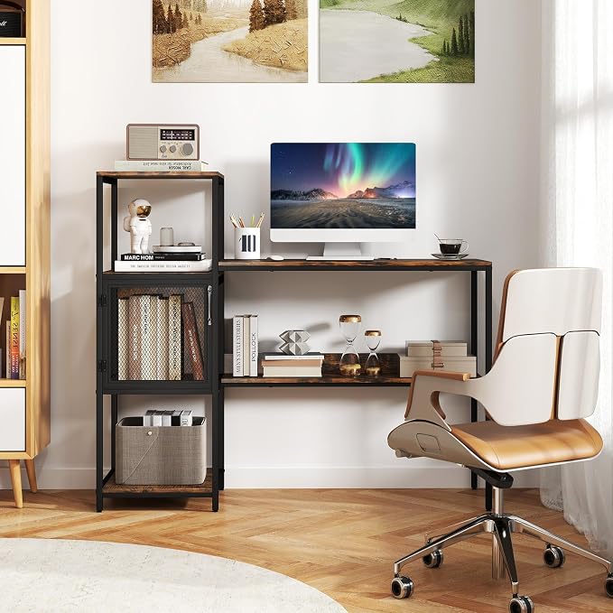 Giantex Computer Desk with Bookshelf, Modern Computer Workstation Home Office Desk with Storage Cabinet & Shelves, Metal Frame, Study Writing Desk for Small Space, Bedroom, Rustic Brown - Image 5