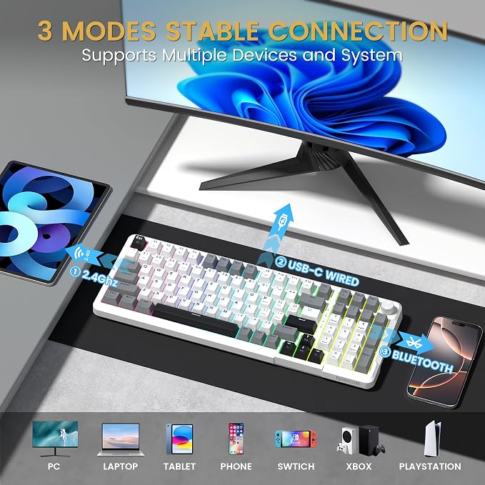 Redragon K742 Wireless Mechanical Gaming Keyboard with Knob, Bluetooth 5.0/2.4GHz/USB C Wired Creamy Keyboard with Number Pad for PC Computer, RGB Backlits, Hot-Swappable with Linear Switches (White) - Image 3