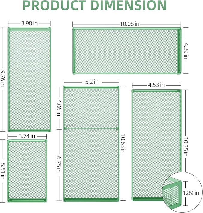 Marbrasse 5 Pack Desk Drawer Organizer Set, Mesh Drawer Storage Trays with 1 Adjustable Divider, Desk Organizers and Accessories, 5 PCS Drawer for Office Supplies, Makeup & Vanity (Green) - Image 2