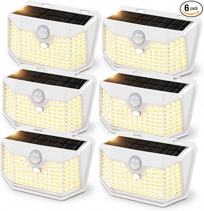 HMCITY 120 LED Solar Lights Outdoor with Motion Sensor and 3 Lighting Modes, IP65 Waterproof Wide Solar Wall Lights Ideal for Garden Patio Yard (Front Button 6Packs, White Shell-Warm White) by LightingUpYourLife