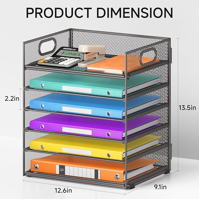 6 Tiers Letter Tray Paper Organizer With Handle, Mesh Desk File Organizer, Metal Desktop Document Shelf, Paper Sorter for Office, Home or School File Folder Holder - Grey - Image 5