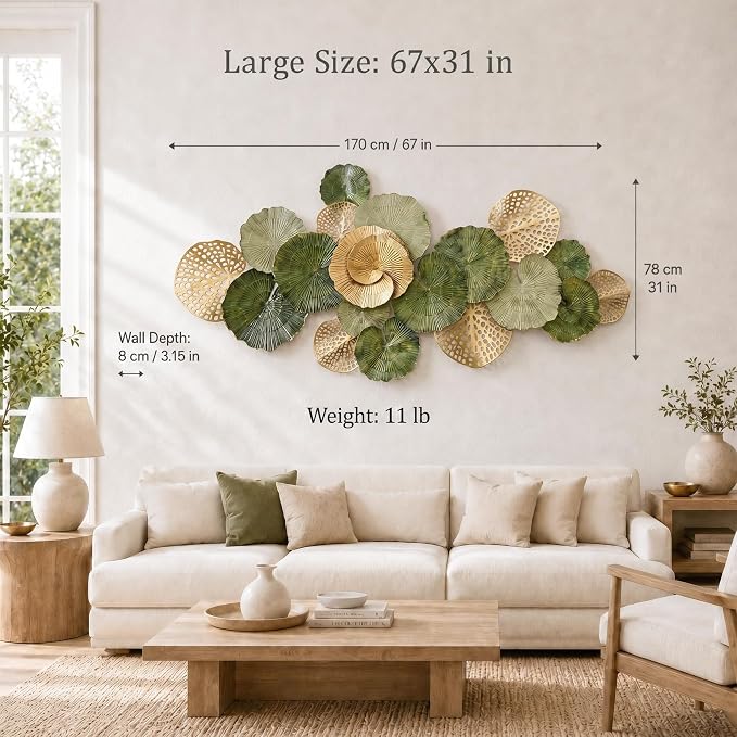 Axioglo 67" Large Wall Decor 3D Lotus Leaf Metal Wall Art for Living Room | 67" x31" metal wall decor with layered metal texture, mounting hardware, two-way display - Image 7