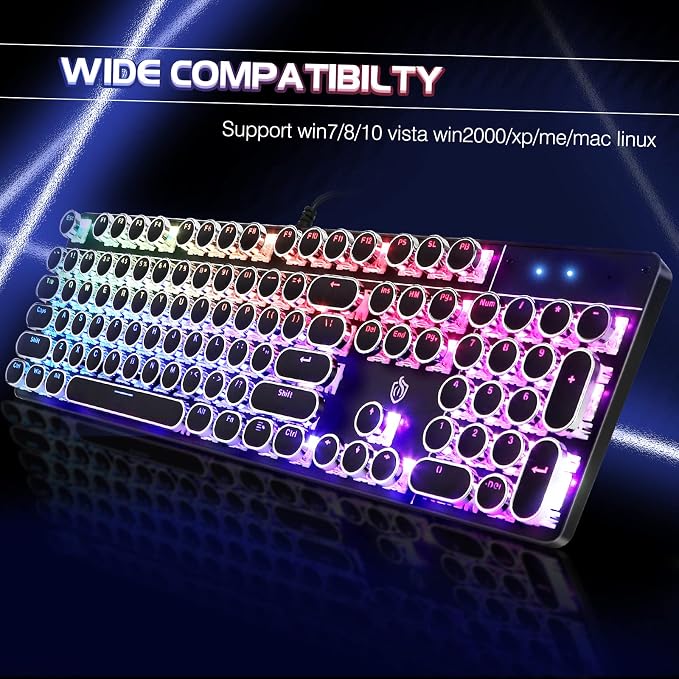 YSCP Typewriter Style Mechanical Gaming Keyboard RGB Backlit Wired with Blue Switch Retro Round Keycap 104 Keys Keyboard (R-Black) - Image 6