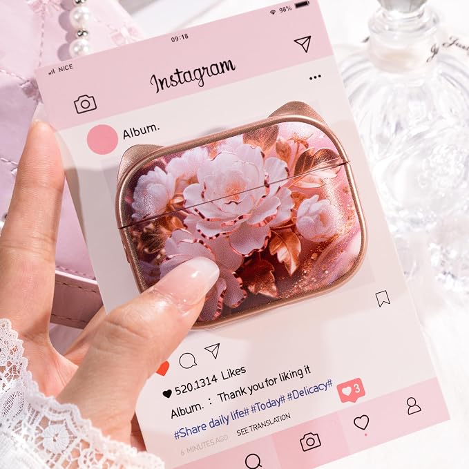 for AirPods Pro 2 Case with Cleaning Kit, Cute Cat Ear Print Design & Cute Buckle for Girls, Phone Holder & Top Safe Lock Buckle Design for AirPods Pro 2nd/1st Gen case, Rose Gold Peony - Image 4
