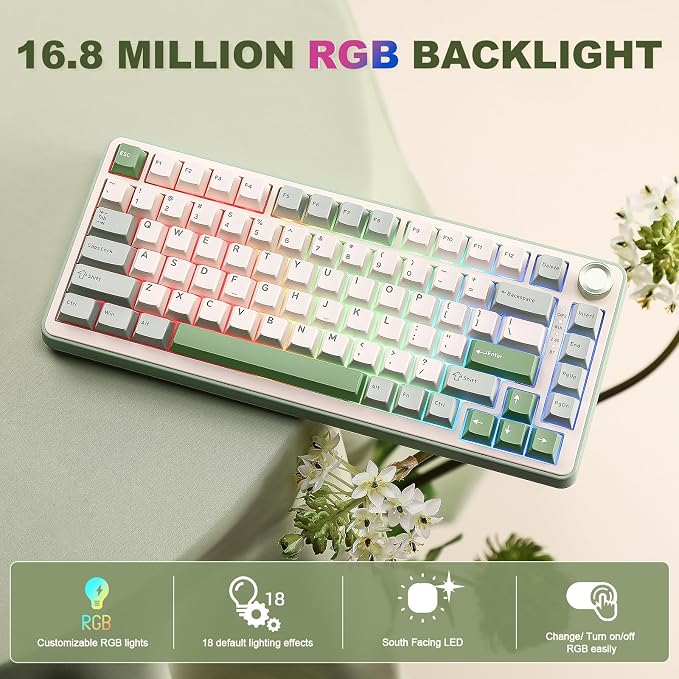 YUNZII B75 PRO 75% Wireless Mechanical Keyboard(Matcha Green,Cocoa V2) | Hot Swap Keyboard with Knob, Gasket Mount, Creamy Pre-lubed Switch for Smooth Typing, BT/USB-C/2.4G, for Gaming - Image 6
