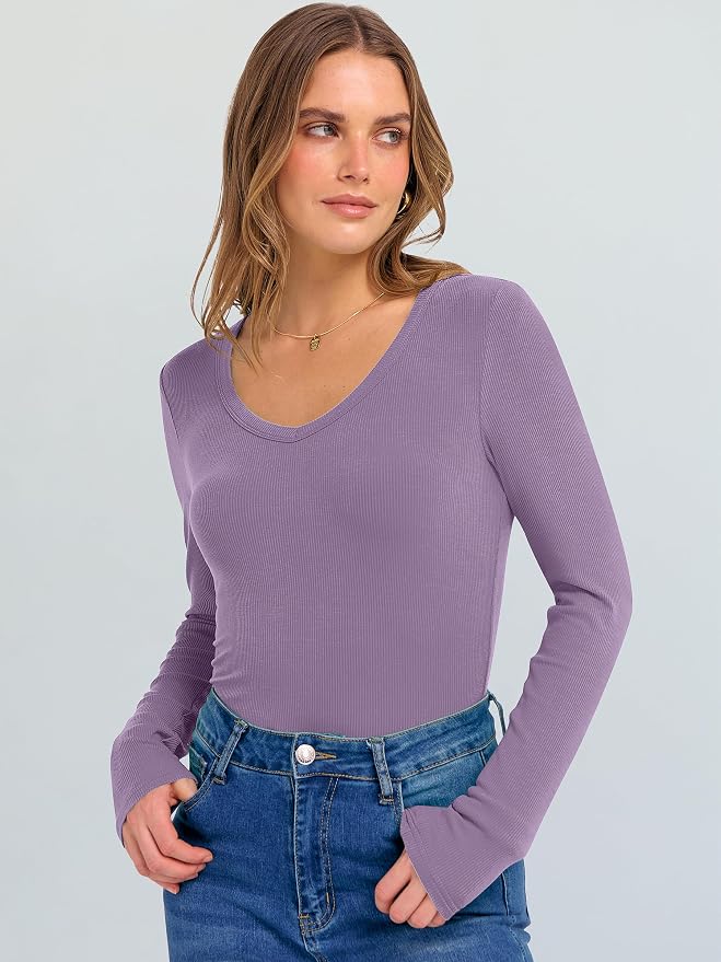ANRABESS Long Sleeve V Neck Shirts for Women | Soft Comfy Ribbed Knit Fitted Tshirts, Casual Going Out Tops, 2026 Trendy Basic, Fall Winter Underscrub Layering Clothes - Image 4