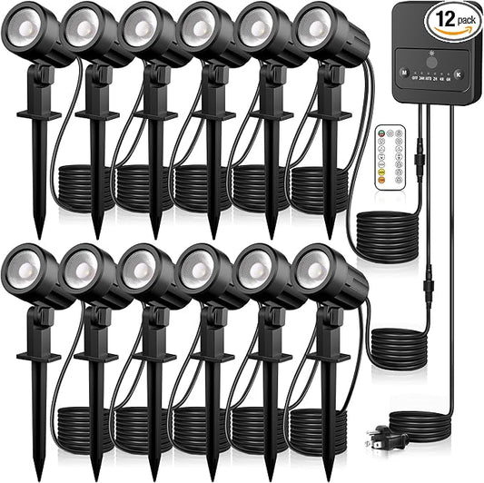 Landscape Lighting Kit 2700-6500K Dimmable Outdoor Spotlights 12 Pack | 3 brightness levels,2 dynamic mode,IP66 waterproof, remote timer & memory,plug and play. Ideal for yards, gardens & pathways by SOROP