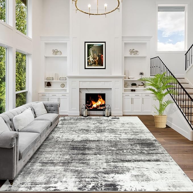 8x10 Area Rugs Washable Rug: Large Modern Abstract Living Room Rug Soft Anti-Skid Thin Carpet Indoor Floor Non-Shedding Carpets for Bedroom Dining Room Farmhouse Nursery Home Office Black Grey by GENTDRIZZ