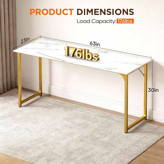 PayLessHere | 63 Inch Computer Desk | White Gold | Office Desk with Metal Frame, Adjustable Feet | Water-Resistant, Scratchproof Surface | Sturdy Writing Table for Home Office or Study | Pack of 1 - Image 3