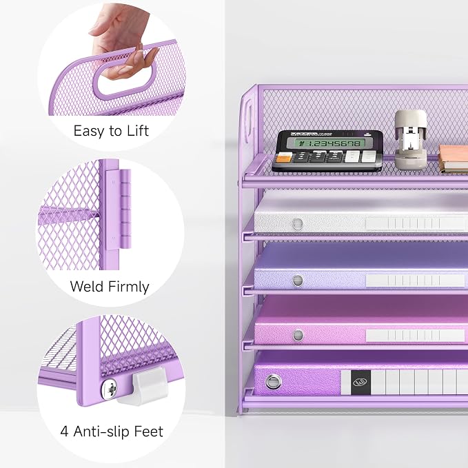 Lavatino Desk Letter Tray Paper Organizer, 5-Tier with Handle Metal Mesh Desktop File Organizer Paper Holder for Classroom Office Desk Accessories- Purple - Image 3