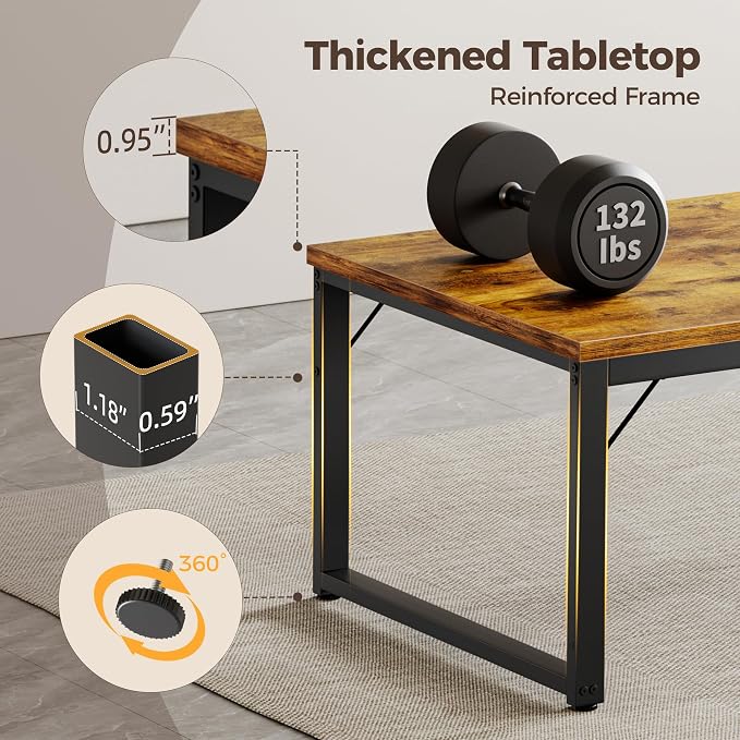 Mericonia 54 Inch Computer Desk, 1" Thick Large Office Table, Brown | Modern Simple Style, Heavy Duty Industrial Frame, Study & Writing Table for Home Bedroom Work - Image 4