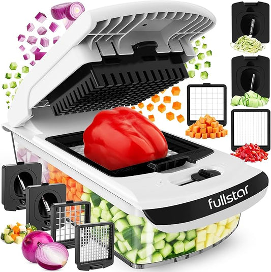 Fullstar Pro Original Vegetable Chopper & Spiralizer, Kitchen Prep Tool | 4 in 1 Veggie Slicer, Onion & Fruit Cutter with Sharp Stainless Steel Blades & Container, All-in-One Food Prep Tool (White) by fullstar