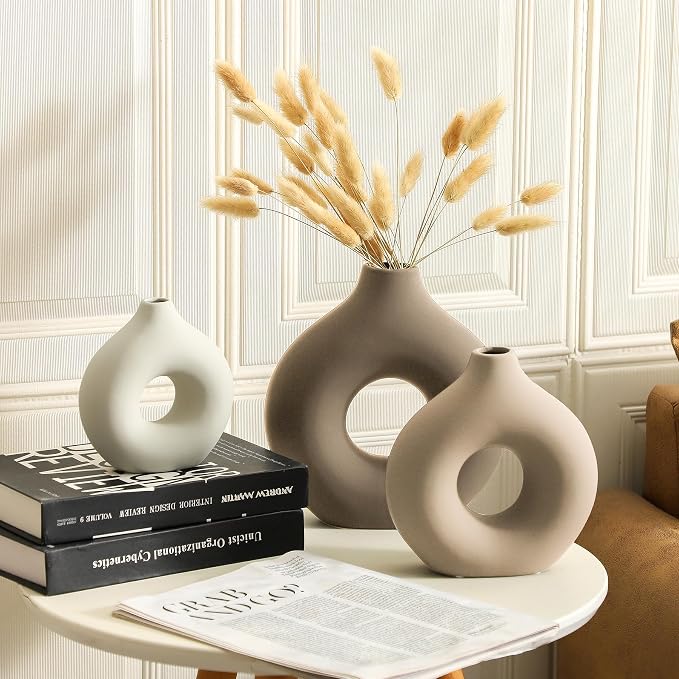 Vanselia Ceramic Vase Home Table Decor - Flower Vases Set of 3 Small Living Room Centerpiece Decorations for Shelf Bedroom Office Kitchen Dining Desk Modern Aesthetic Farmhouse Decorative (Farmhouse) - Image 2