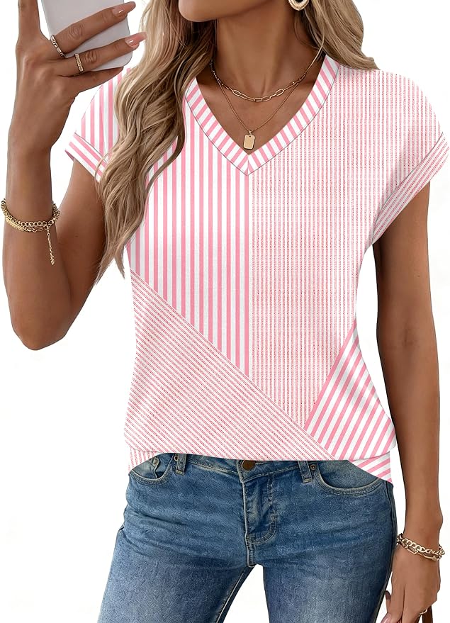 Rapbin Womens Summer Tops Women Blouses Dressy Casual V Neck T Shirts Short Sleeve Spring Tops for Women - Image 2
