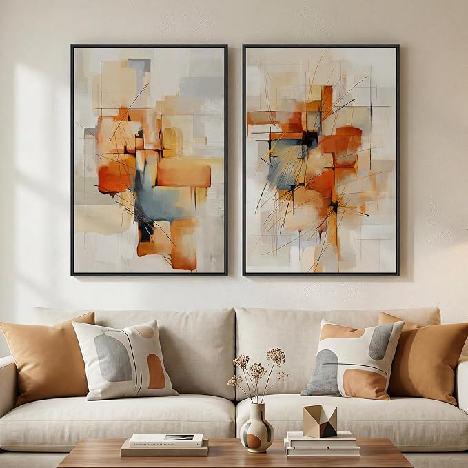 Large Framed Abstract Canvas Wall Art, 2 Piece Modern Prints Paintings Artwork for Walls, Minimalist Blue Orange Block Pictures for Living Room Dining Room Bedroom Hallway Wall Decor 24x36 In by Cuspin