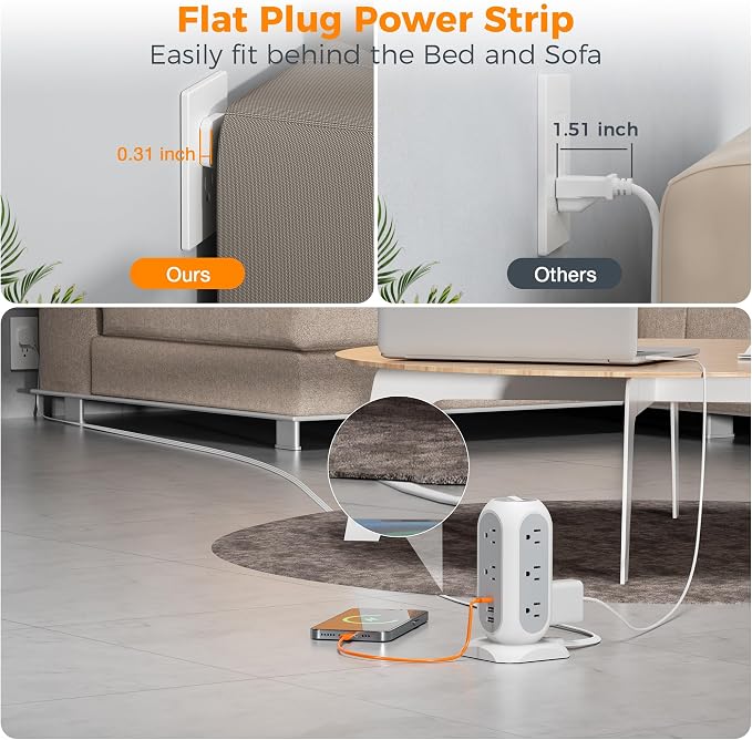 TESSAN Tower Power Strip Flat Plug with 1050J Surge Protection, 10 Ft, Grey | 11 Outlets 3 USB (1 USB C), Surge Protector Power Tower, Extension Cord with Multiple Outlets, Dorm, Office Desk Supplies - Image 4