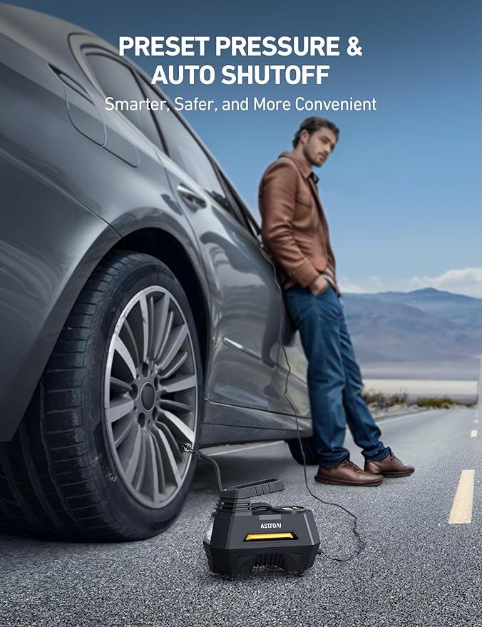 AstroAI AIRUN H1 Tire Inflator Portable Air Compressor,Fast Inflation Electric Air Pump for Car Tires-Car Accessory,9.8Ft Cord-12VDC-Powered Auto Shut-Off with Digital Pressure Gauge,LED Light,Yellow - Image 4