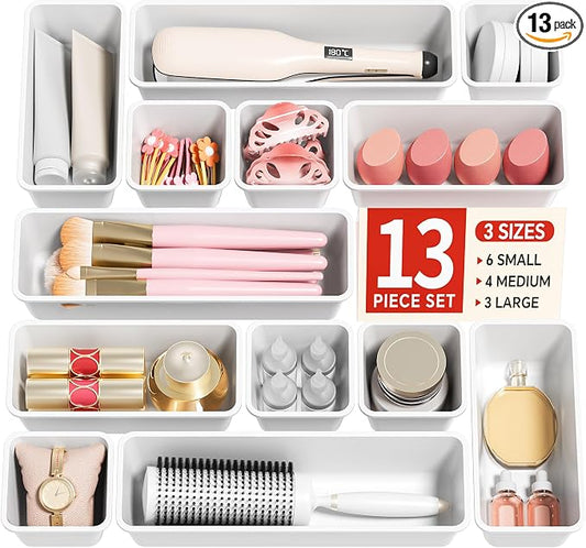 Canfanni 13 Pack Plastic Drawer Organizers Set, 3 Sizes Desk Drawer Organizer Trays for Vanity and Makeup Organizer, Organization and Storage for Makeup, Kitchen Utensils, Bathroom and Office(White) by Canfanni