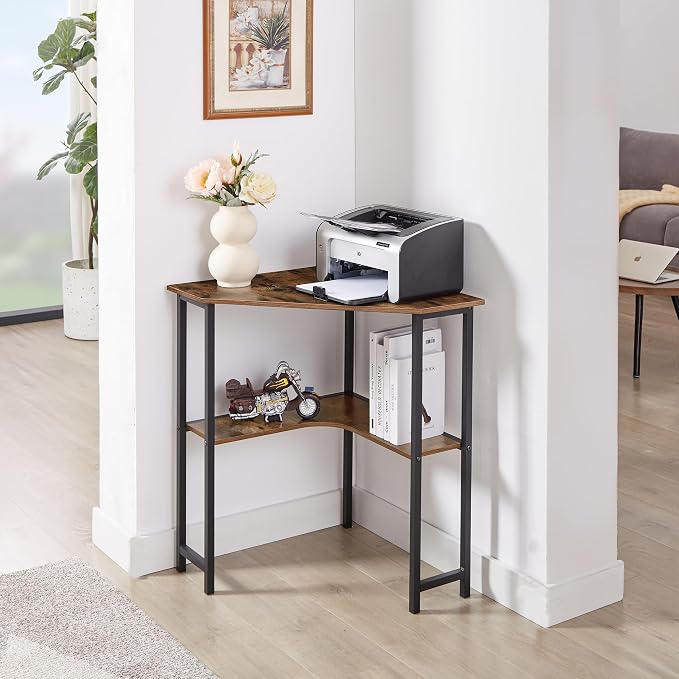 VECELO Small Corner Computer Desk 33 x 23 inches with Storage Shelves for Small Spaces,Triangular Shape,Brown - Image 5