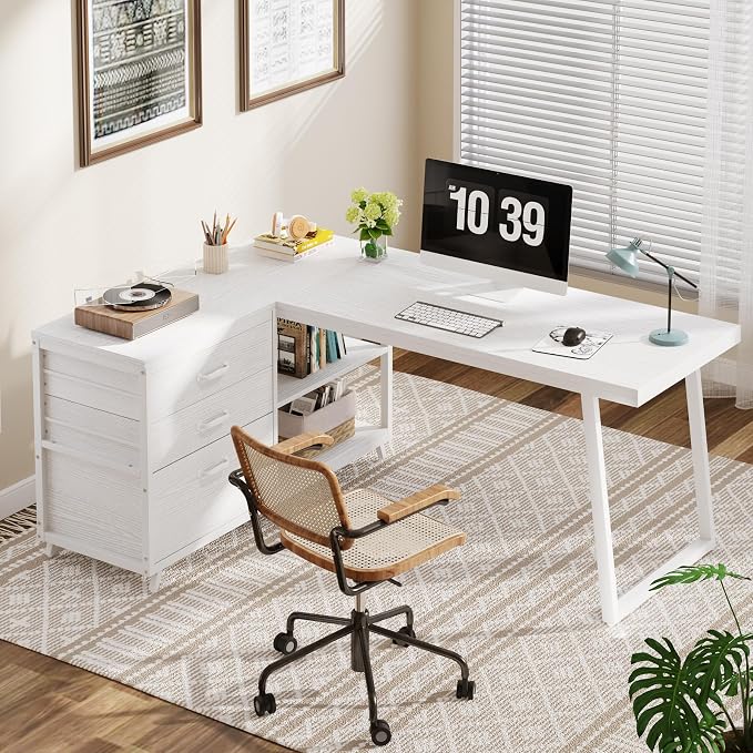 Tribesigns L-Shaped Computer Desk with 3 Drawers, Reversible Corner Home Office Desk with Shelves, 53-Inch Industrial PC Desk Study Writing Table Workstation for Small Space, White - Image 3