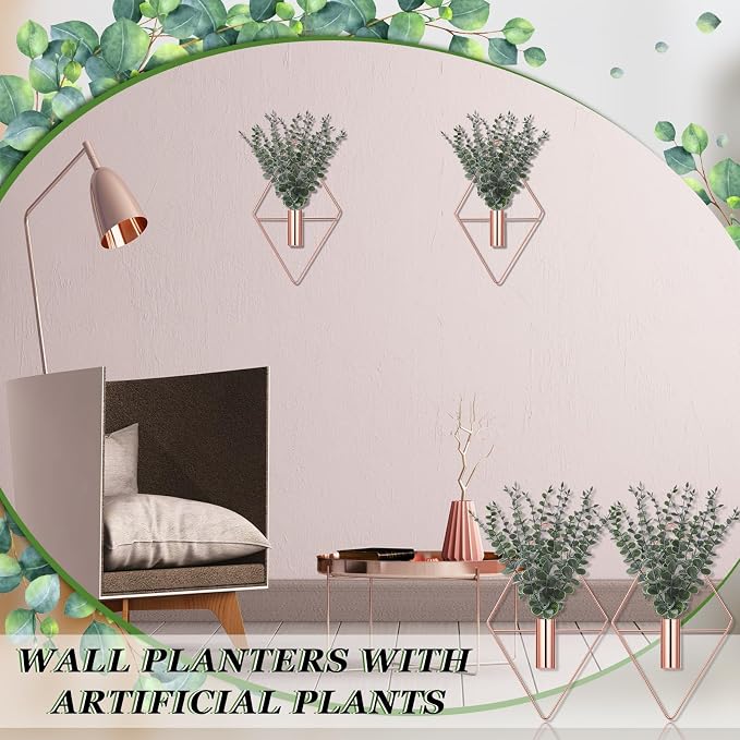 Jexine 4 Pcs Hanging Planters with Artificial Eucalyptus Metal Hanging Vase Indoor Plants Holder Modern Geometric Boho Bathroom Wall Decor for Living Room Home Office (Eucalyptus,Rose Gold) - Image 5