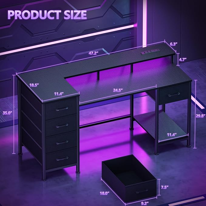 Korfile 47 Inch Computer Gaming Desk with Power Outlets & LED Lights Reversible Home Office Desk with Adjustable 5 Fabric Storage Drawers for Working Writing Study, Carbon Fiber Black | For gaming and working,built-in power outlets and LED lights,5 fab... - Image 2
