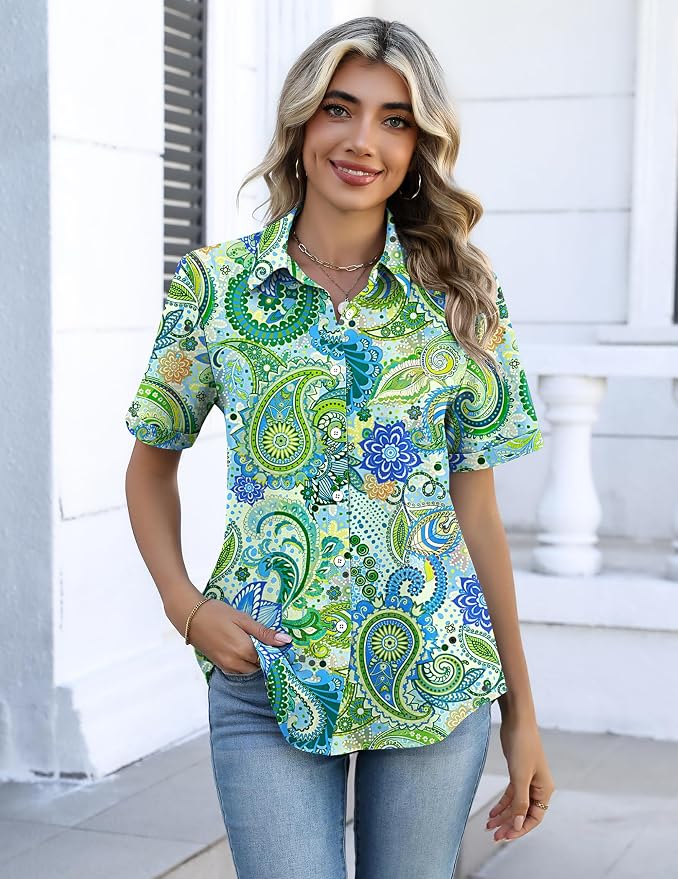 Zeagoo Button Down Shirts for Women Short Sleeve Collared Tops Dressy Casual V Neck Blouses - Image 5