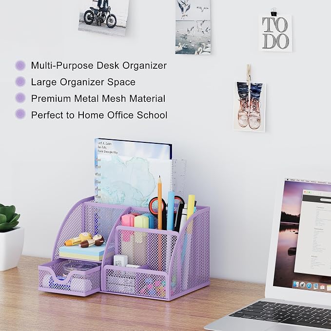 EasyPAG Mesh Desk Organizer with Drawer Multi-functional Pen Holder Stationery Organizer for Office School Supplies 6 Compartments Dorm Organizers and Storage for Desk, Light Purple - Image 3