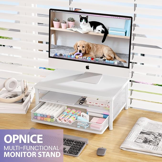 OPNICE Computer Monitor Stand Riser, Desk Organizer with Drawer, Printer & Laptop Stand, Office Desk Accessories & Workspace Desktop Organizers Storage for Office Supplies(White) - Image 3