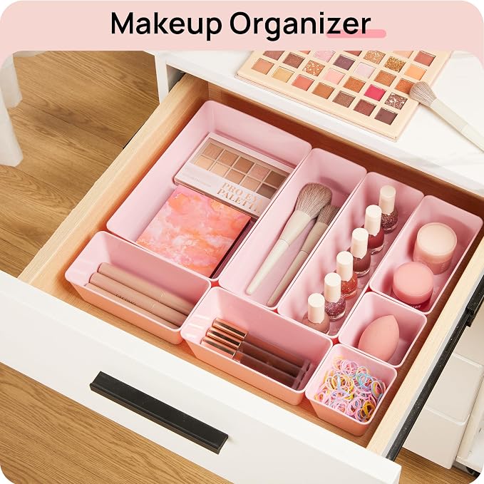 Vtopmart 44 PCS Plastic Drawer Organizers Set, Vanity Organizer Trays, Pink | 4-Size Versatile Makeup Organizer, Non-Slip Storage Containers for Makeup, Jewelries, Bedroom，Kitchen Utensils and Office - Image 4