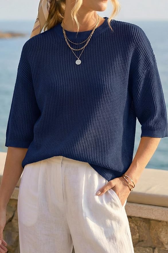 Arach&Cloz Womens Summer 100% Cotton Oversized Crochet Tops 3/4 Length Sleeve Sweater Hollow Out Casual Blouses 2026 - Image 2
