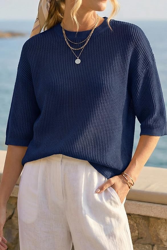 Arach&Cloz Womens Summer 100% Cotton Oversized Crochet Tops 3/4 Length Sleeve Sweater Hollow Out Casual Blouses 2026 - Image 2