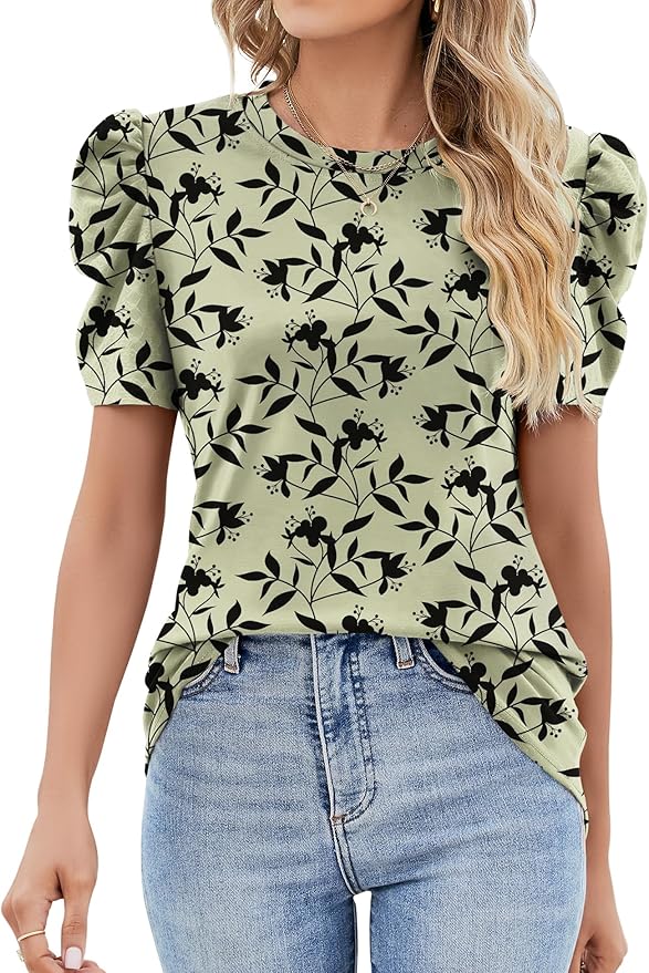 Ivicoer Puff Short Sleeve Shirt for Women Eyelet Tops Summer Crewneck Blouse Loose Fit S-XXL by Ivicoer