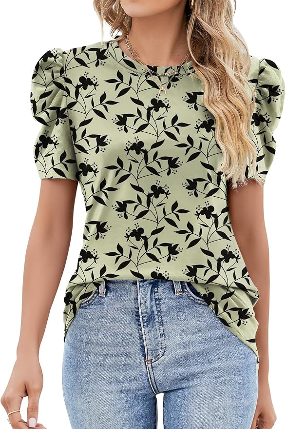 Ivicoer Puff Short Sleeve Shirt for Women Eyelet Tops Summer Crewneck Blouse Loose Fit S-XXL by Ivicoer