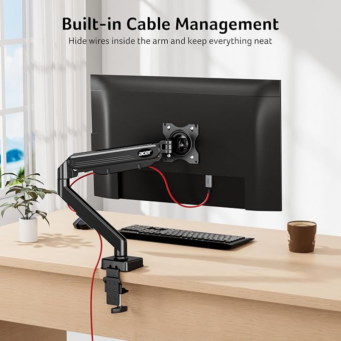 Acer Single Monitor Mount, Fully Adjustable Monitor Arm Fits 17 to 34 Inch Screens, Gas Spring VESA Mount with C-Clamp & Grommet Base, Computer Desk Arm with Tilt Swivel Rotate Supports 4.4-19.8 lbs - Image 9