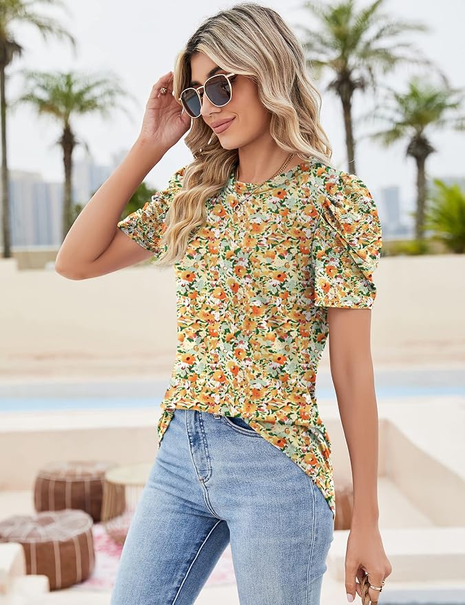 Ivicoer Puff Short Sleeve Shirt for Women Eyelet Tops Summer Crewneck Blouse Loose Fit S-XXL - Image 4