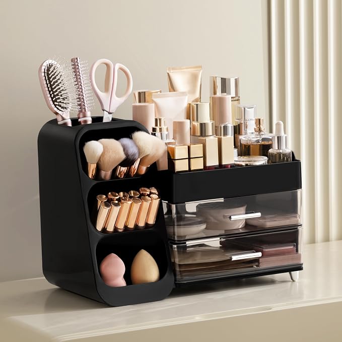 HBlife Cologne Organizer for Men Makeup Organizer with Brush Holder for Vanity, Large Plastic Bathroom Countertop Organizer Skin Care Storage, Fathers Day Gift for Dad Husband, Black - Image 2