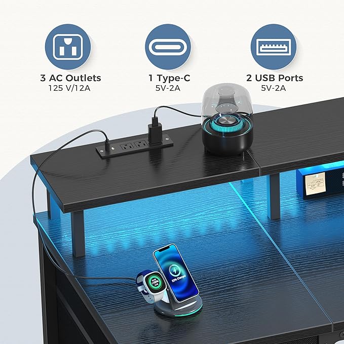 DUMOS 40-Inch Gaming Desk with Power Outlets and LED Lights, Black | Computer Desk with 4 Storage Drawers, Home Office Desk with Monitor Stand, Small Desk for Bedroom Study - Image 3