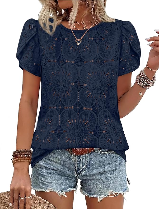 OFEEFAN Blouses for Women Dressy Casual Petal Short Sleeve Shirts Crochet Lace Boho Tops Spring Fashion Summer Outfits by OFEEFAN