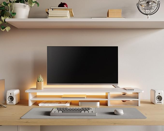Fenge Monitor Stand, Dual Monitor Riser, 42.5inch Large Desk Computer Monitor Stand Riser with Drawer, 2 Tier Wood & Acrylic Desktop Organizer for Computer, Laptop, Printer, TV Screen Riser - Image 5