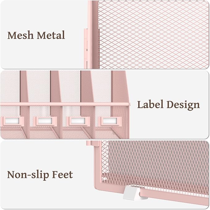 SUPEASY Desk Organizers Metal Desk Magazine File Holder with 5 Vertical Compartments Rack File Organizer for Office Desktop, Classroom, Home Workspace, Pink - Image 4