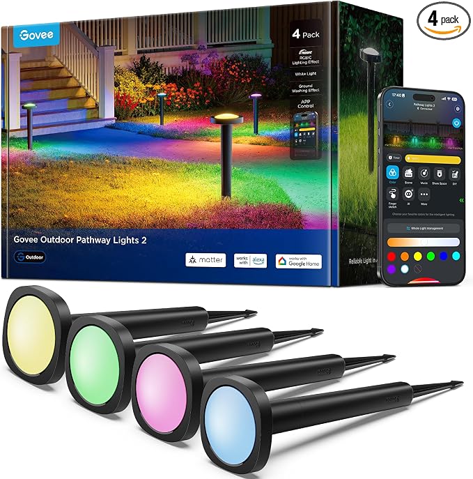 Govee Outdoor Pathway Lights 2, IP66 Waterproof, 60+ Scene Modes | for Yard, Garage, Garden, Lawn, Outdoor Decor, Works with Alexa, Google Assistant, Matter, Wired 4 Pack by Unknown