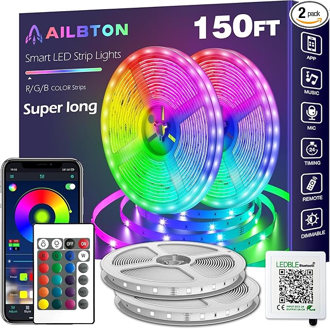 AILBTON 150ft Led Strip Lights(2 Rolls of 75ft led Lights) Ultra Long Led Light Strip with App Voice Control Remote,5050 RGB Music Sync Color Changing Led Lights for Bedroom,Party,Home Decoration by AILBTON