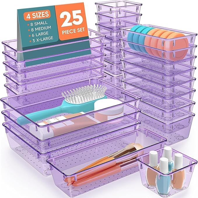 SpaceHacks 25 PCS Plastic Drawer Organizer Set, 4-Size Versatile Organizer Trays & storage Bins for Makeup, Jewelry, and Gadgets in Bathroom, Bedroom and Office,Clear Purple by SpaceHacks