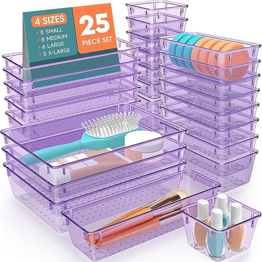 SpaceHacks 25 PCS Plastic Drawer Organizer Set, 4-Size Versatile Organizer Trays & storage Bins for Makeup, Jewelry, and Gadgets in Bathroom, Bedroom and Office,Clear Purple by SpaceHacks