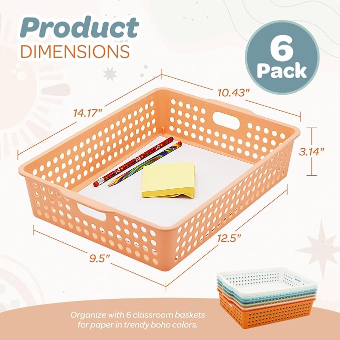 4E's Novelty 6 Pack Classroom Paper Baskets, Organizing Desk Boho Tray for A4 Papers, Classroom Storage Plastic Paper Bins, Fun Turn In Trays for Teachers and Students, Office Desk Room Trays - Image 3