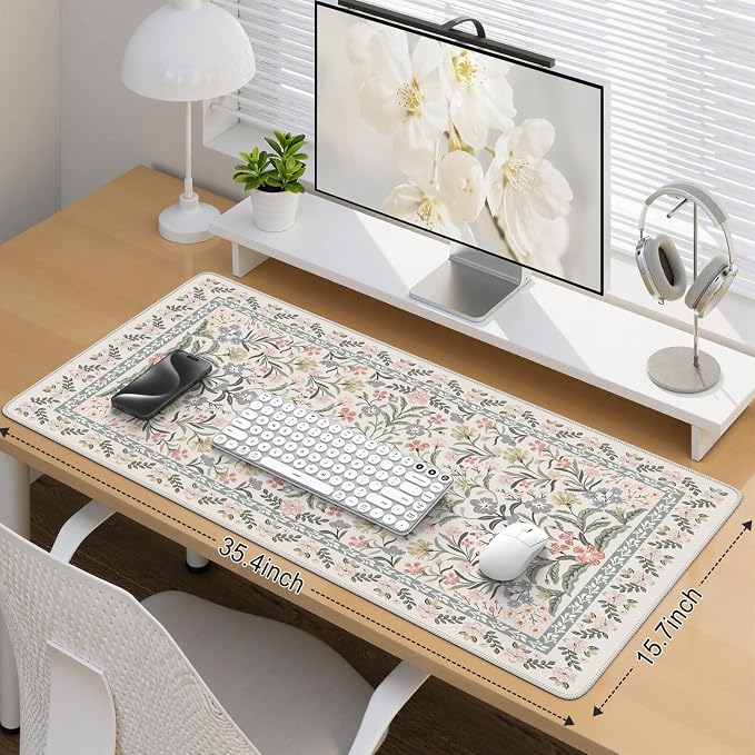 iCasso Desk Mat for Women Desk Accessories, 35.4x15.7in,Cozy Gray Floral | Back to School XXL Large Mouse Pad, Anti-Slip Big Mousepad with Stitched Edges,Smooth Water-Resistant - Image 2