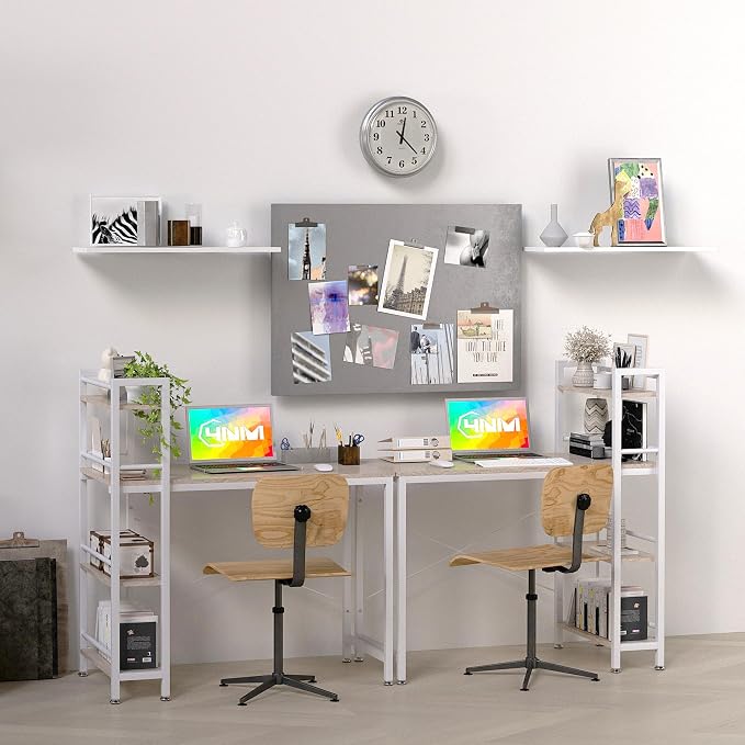 4NM 35.4" Small Computer Desk with 4-Tier Bookshelf and 8 Hooks, Home Office Desk Writing Workstation Study Table for Small Space Work - Natural and White - Image 2