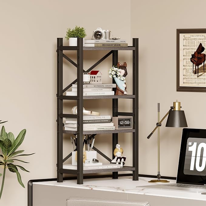 Desktop Bookshelf, 4-Tier Stackable Narrow Bookcase, Adjustable Industrial Desk Organizer & Hutch - Rustic Brown Wood Desktop Book Organizer for Living Room, Bedroom & Home Office - Image 2